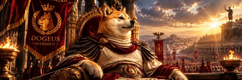 Dogeus Maximus seated above Rome at sunset