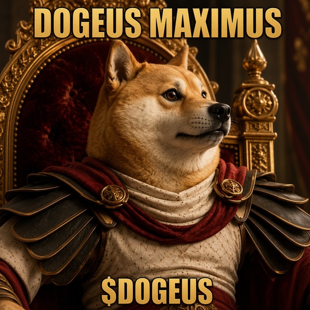 Dogeus Maximus on the throne, captioned DOGEUS MAXIMUS and $DOGEUS