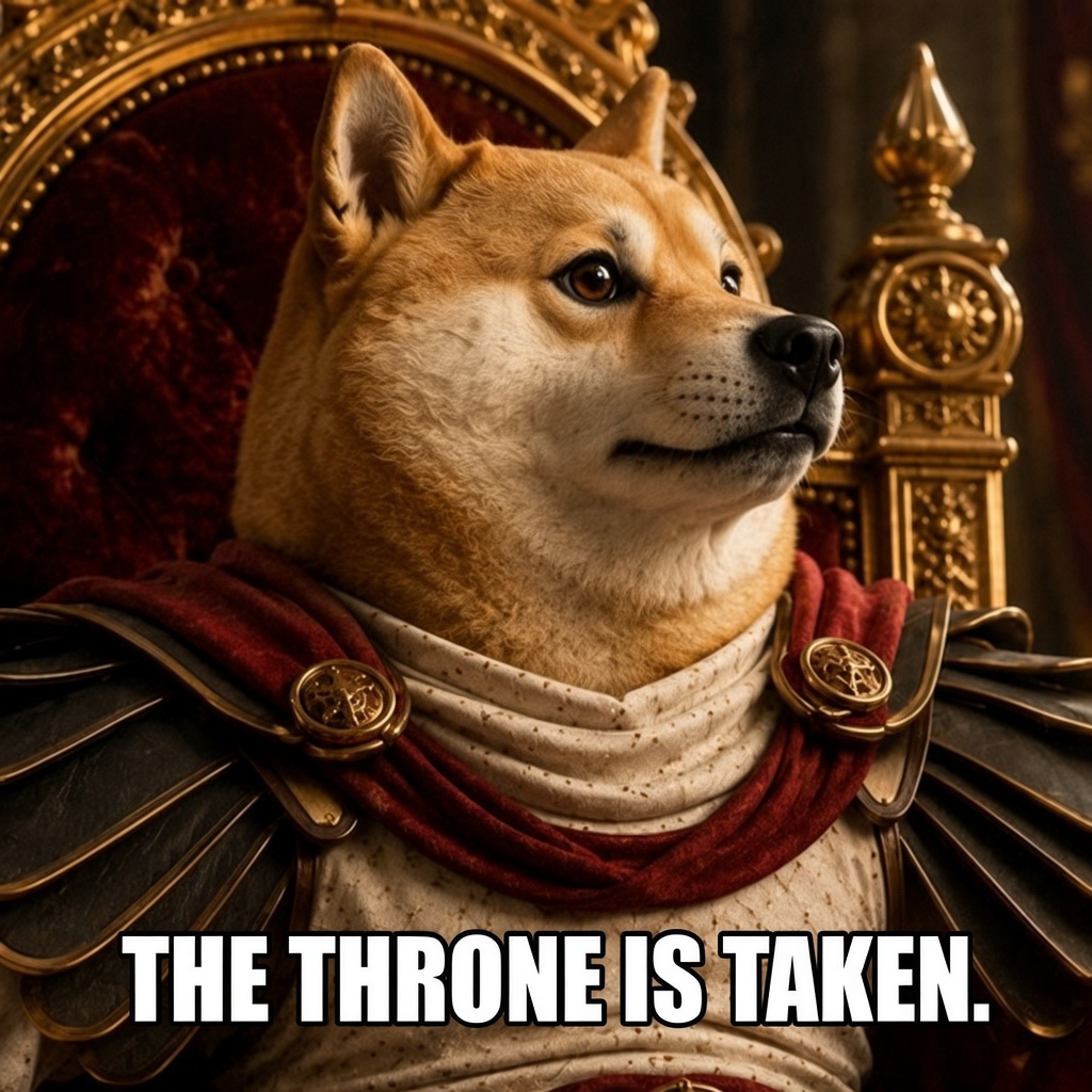 Close portrait of Dogeus Maximus with the caption The throne is taken