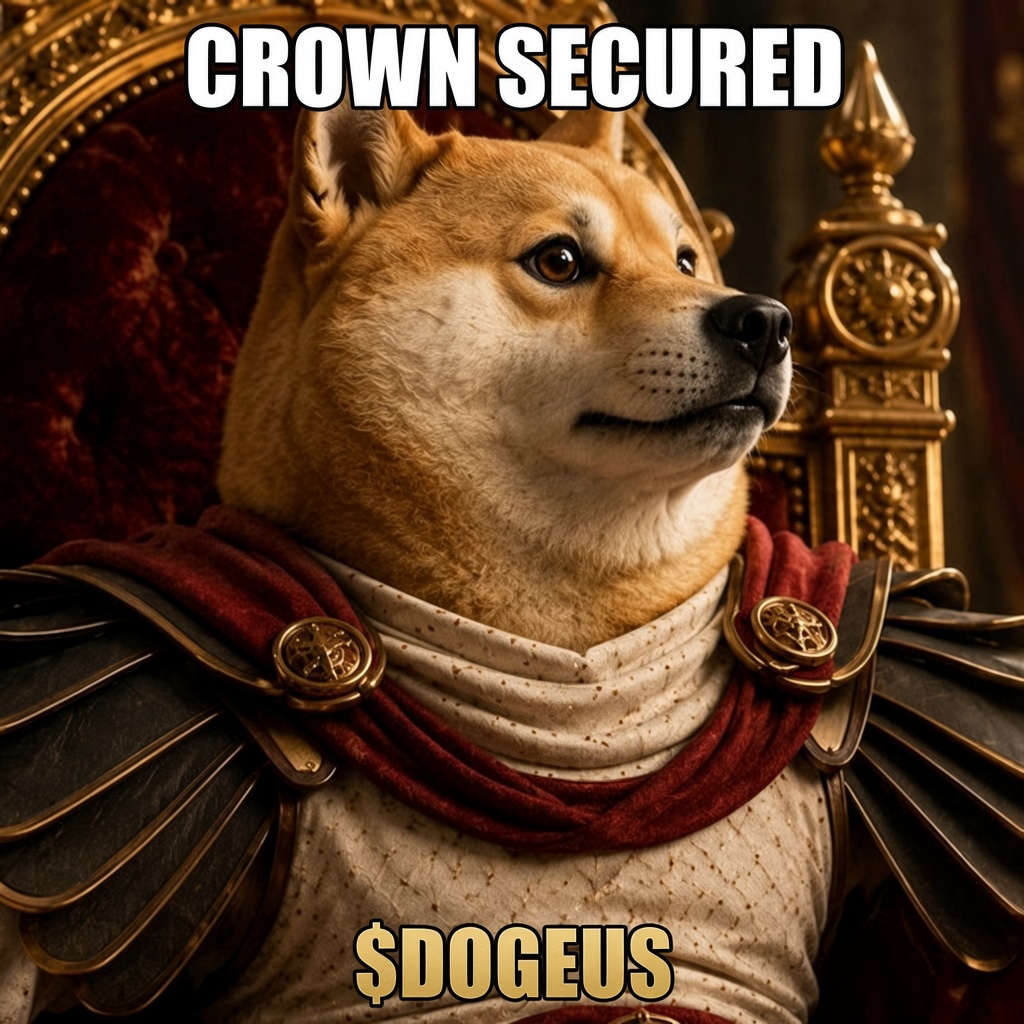 Dogeus Maximus on the throne, captioned Crown secured and $DOGEUS