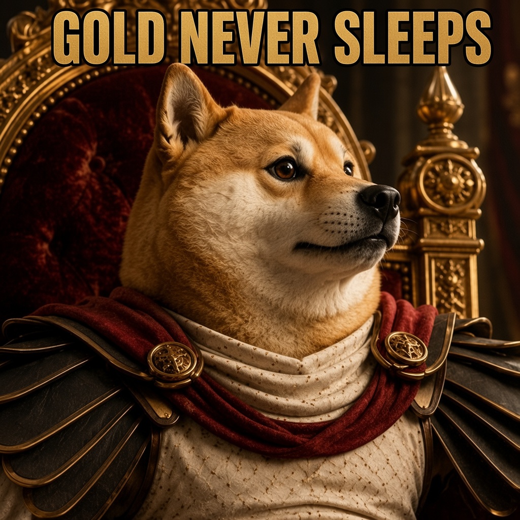 Dogeus Maximus seated in gold armor, captioned Gold never sleeps