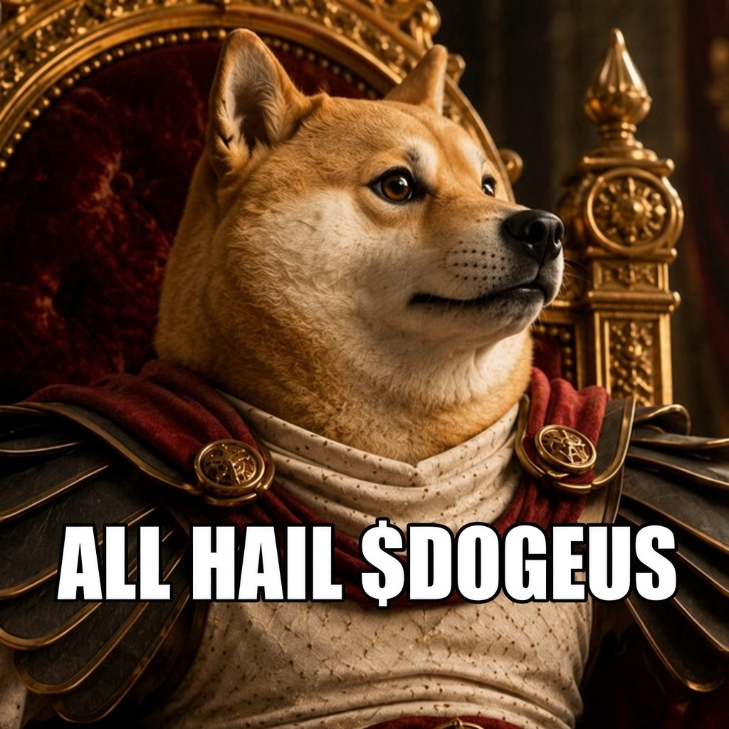 Dogeus Maximus on the throne, captioned All hail $DOGEUS